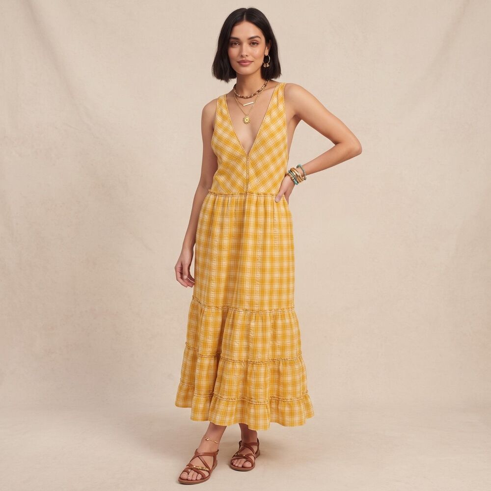 Free People Beach Club Maxi Dress Gingham Yellow Size XS